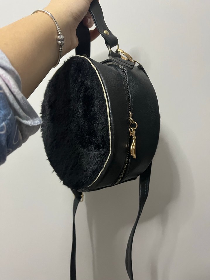 Siyah Süet Kadın Çanta, Kürk Detaylı - Görsel 2