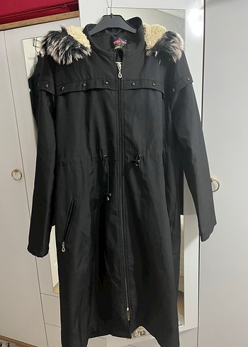 Uzun Siyah Kadın mont, Kürklü Kapüşonlu - Görsel 3
