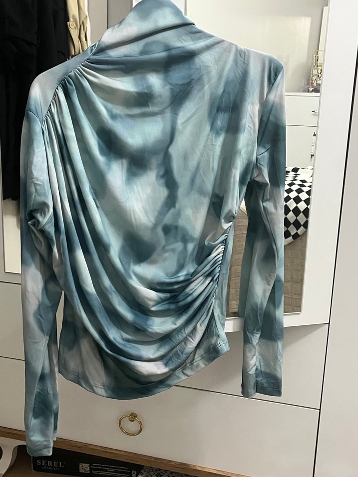 Gri Mavi Drapeli Balıkçı Yaka Kadın Bluz - Görsel 5