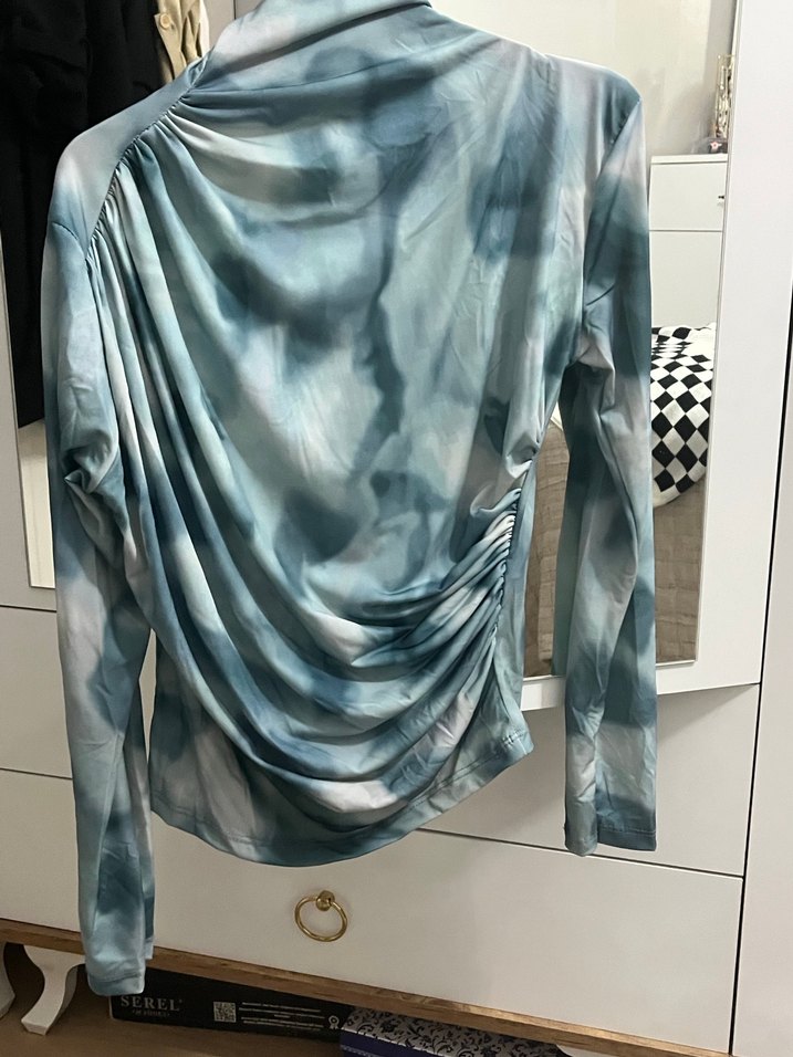 Gri Mavi Drapeli Balıkçı Yaka Kadın Bluz - Görsel 2