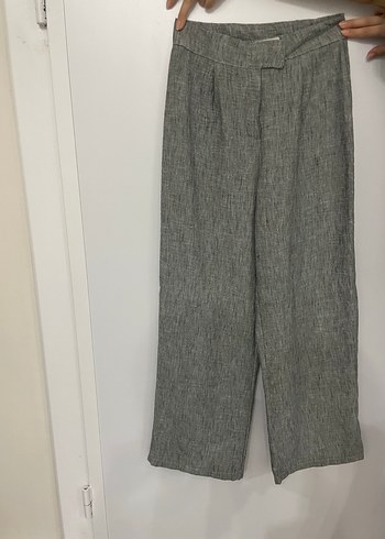 Gri Keten Regular Fit Pilili Kadın Pantolon