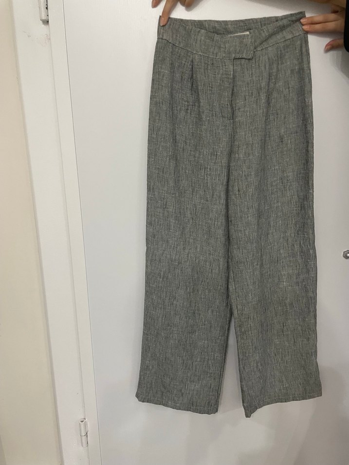 Gri Keten Regular Fit Pilili Kadın Pantolon - Görsel 2