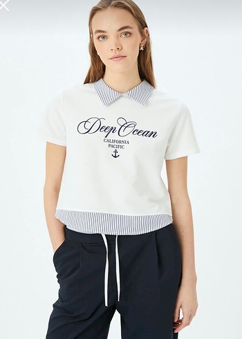 Beyaz Baskılı Kısa Kollu Kadın Tişört - Görsel 4