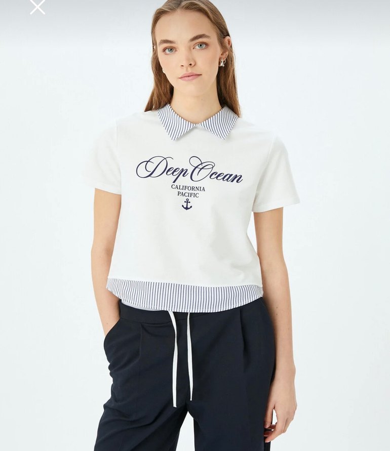 Beyaz Baskılı Kısa Kollu Kadın Tişört - Görsel 4