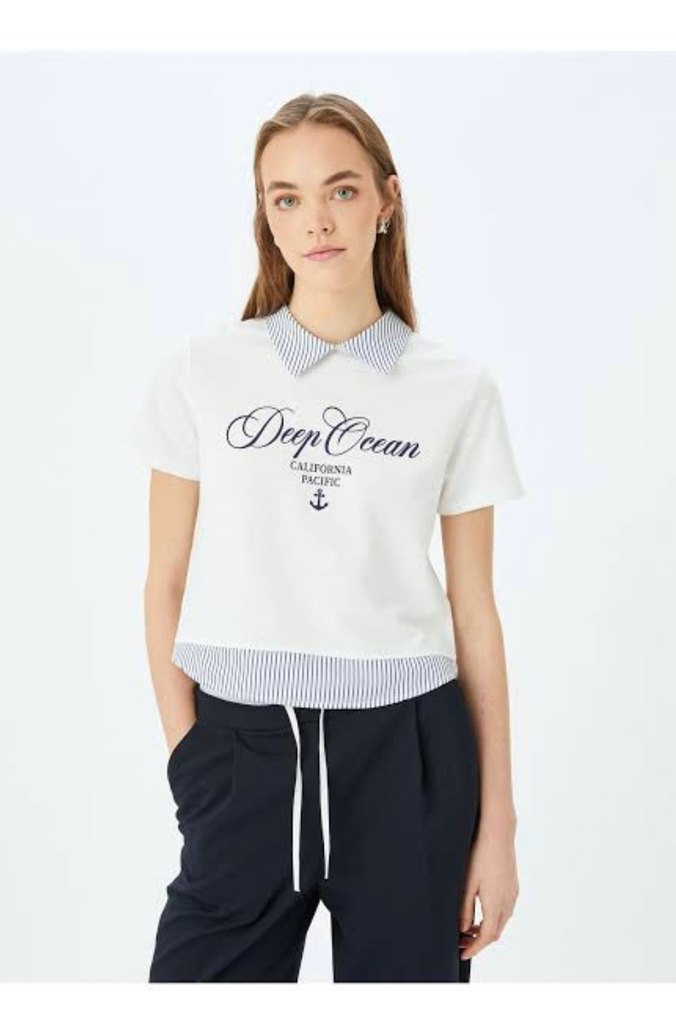 Beyaz Baskılı Kısa Kollu Kadın Tişört - Görsel 2