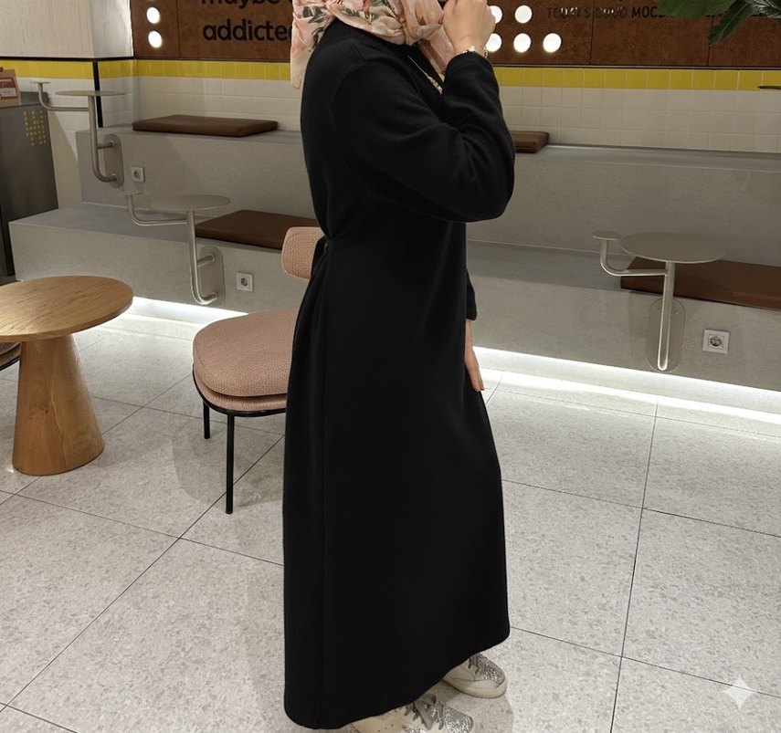 Uzun Kollu Belden Bağlamalı Elbise - Görsel 2