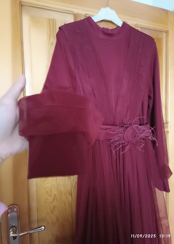 40 Beden bordo Renk Bordo Uzun Kollu Kadın Abiye Elbise