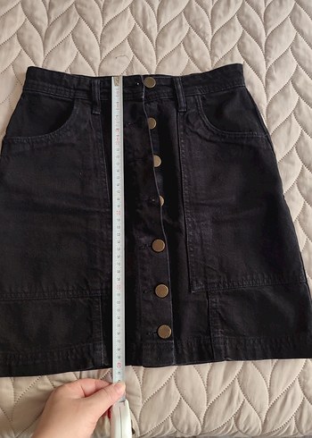 Düğmeli Siyah Denim Mini Etek - Görsel 5