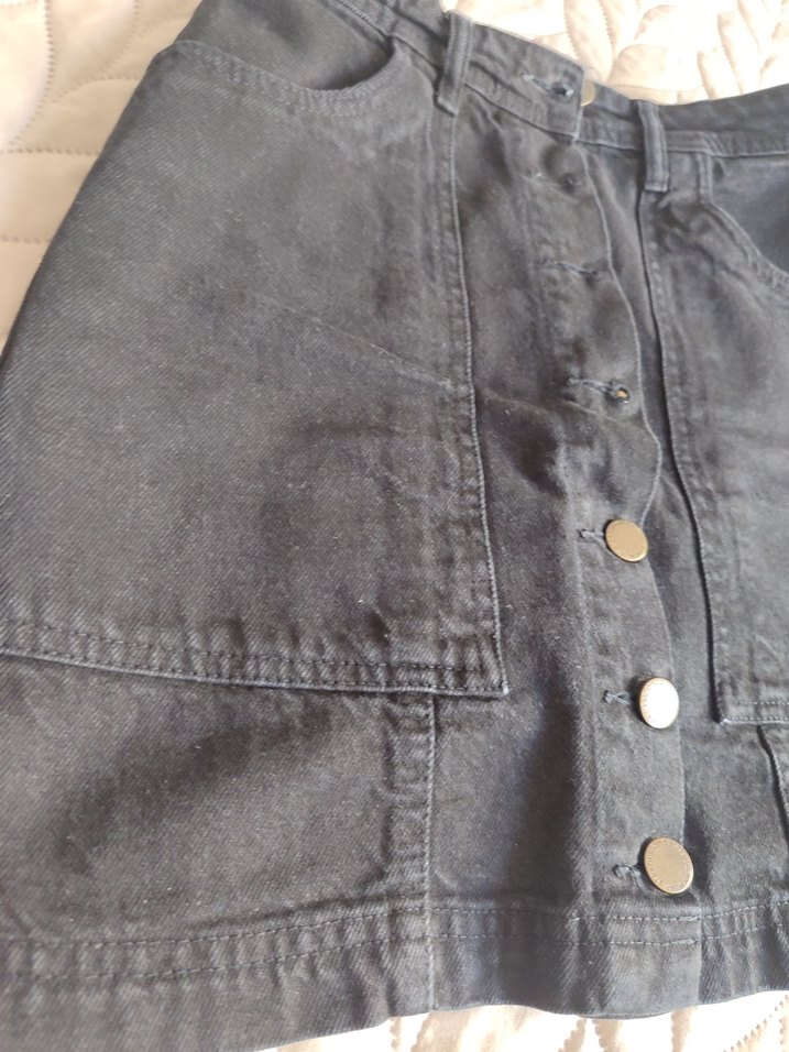 Düğmeli Siyah Denim Mini Etek - Görsel 2