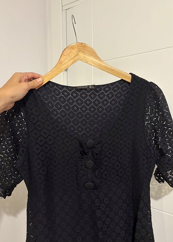 Düğmeli V Yaka Siyah Vintage Bluz