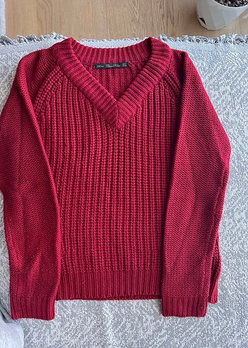 Zara Zara Bordo V Yaka Triko Kadın Kazak