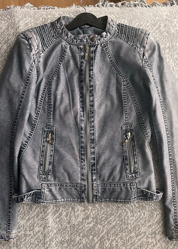 açık mavi Denim Kadın Deri Ceket - Görsel 3