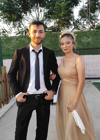 Diğer Camel Renk Drapeli Uzun Abiye Elbise