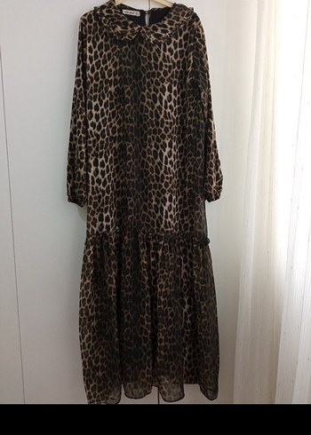 Kahverengi Leopar Desenli Uzun Elbise - Görsel 2