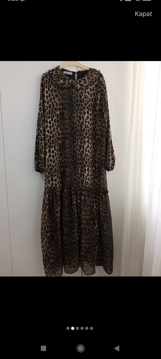 Kahverengi Leopar Desenli Uzun Elbise - Görsel 2