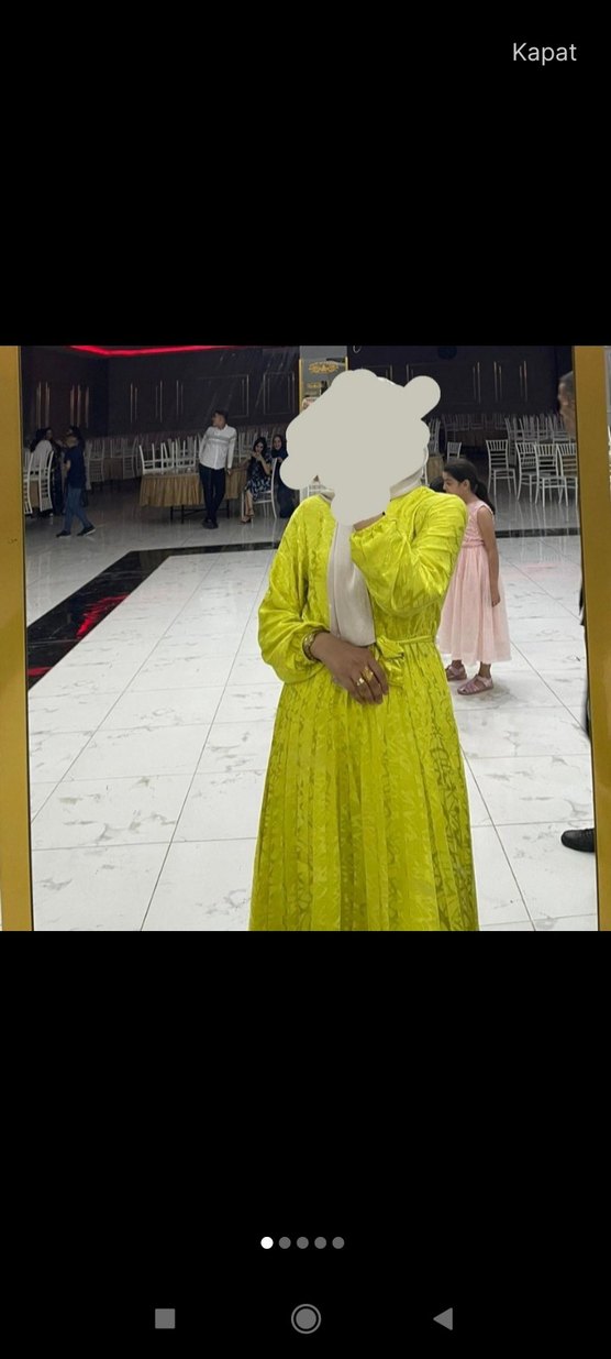 Uzun Kollu Sarı Bohem Tarzı Tesettür Elbise - Görsel 2