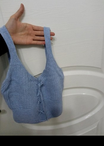 Mavi Örgü İp Askılı Mini Crop Top - Görsel 3