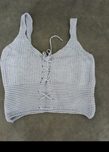 Mavi Örgü İp Askılı Mini Crop Top - Görsel 4