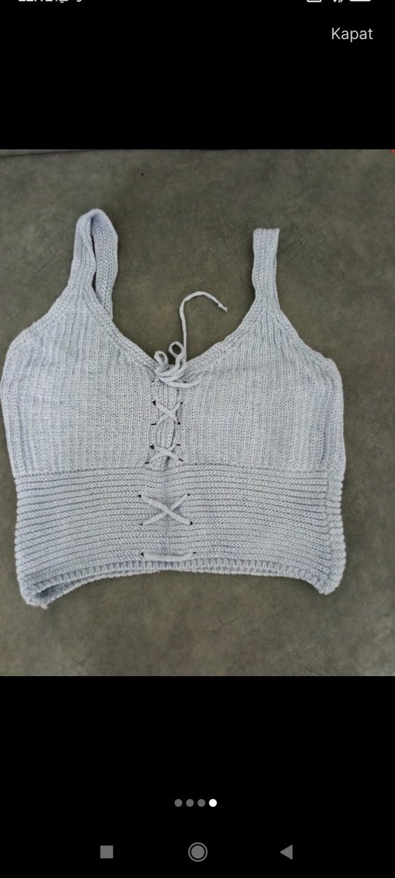 Mavi Örgü İp Askılı Mini Crop Top - Görsel 4