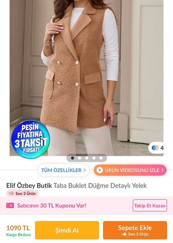 Düğmeli Kahverengi Kadın Yelek - Görsel 3