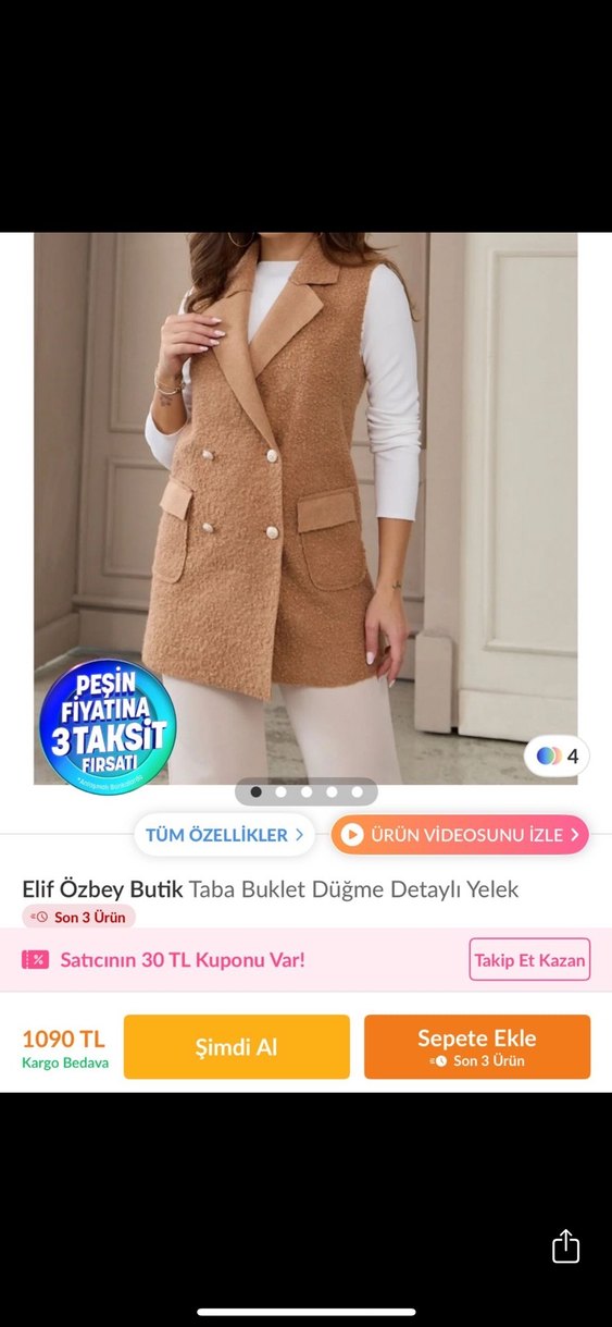 Düğmeli Kahverengi Kadın Yelek - Görsel 3