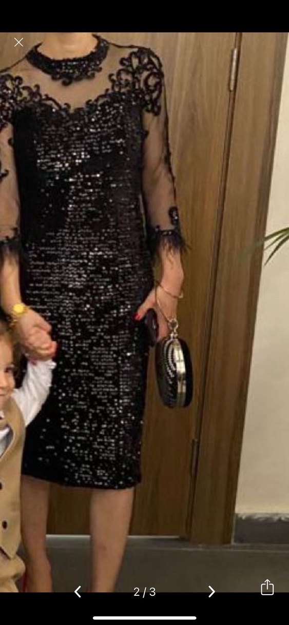 Siyah Payetli Uzun Kollu V Yaka Abiye Elbise - Görsel 5