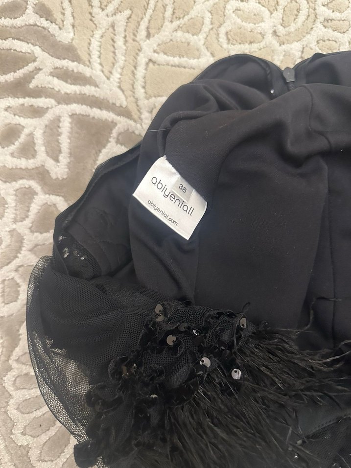 Siyah Payetli Uzun Kollu V Yaka Abiye Elbise - Görsel 3