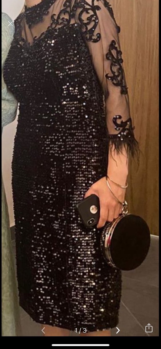 Siyah Payetli Uzun Kollu V Yaka Abiye Elbise - Görsel 4