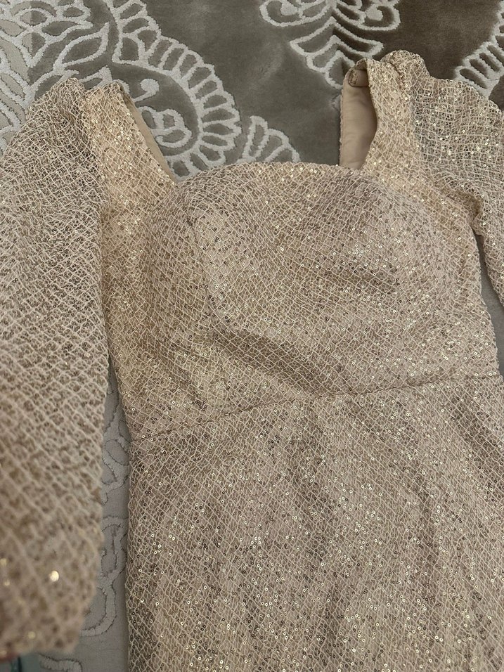 Bej ges Kollu Dantel İşlemeli Abiye Elbise - Görsel 2