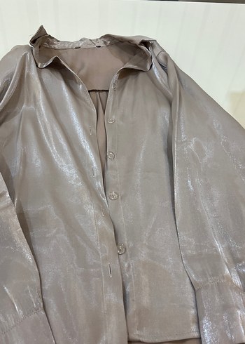 Bej Parlak Düğmeli Kadın Gömlek - Görsel 4