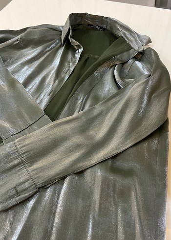 Yeşil  Parlak Kadın Gömlek - Görsel 3