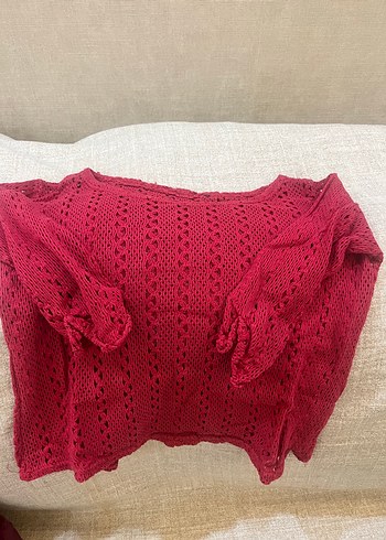 Kırmızı Bohem Örgü Triko Kazak - Görsel 7