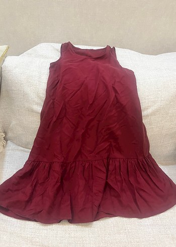 Bordo Keten Midi elbise - Görsel 5