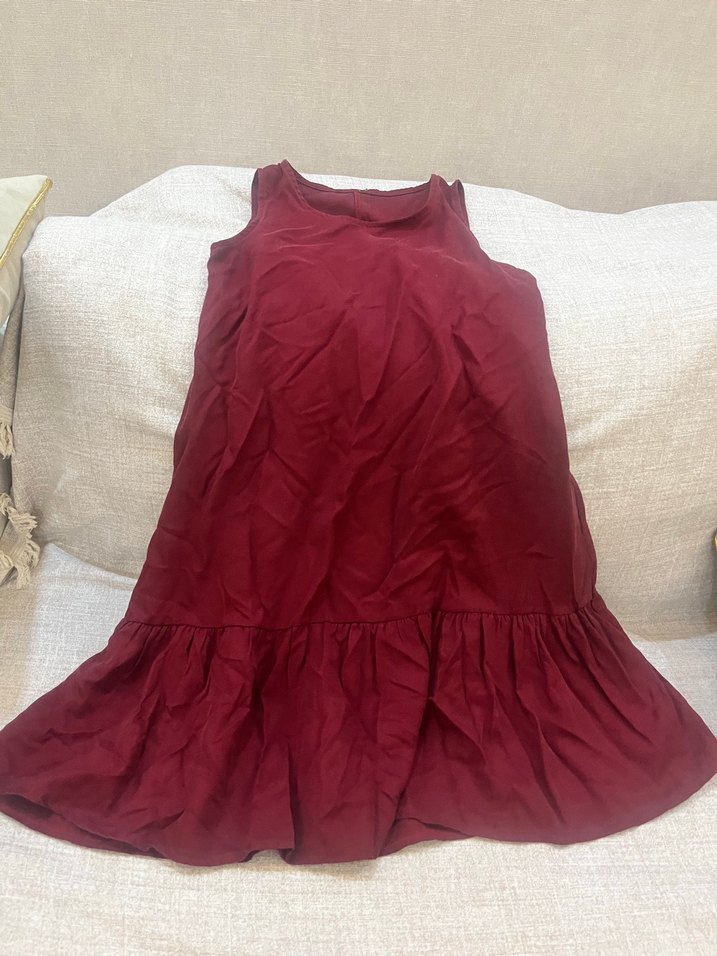 Bordo Keten Midi elbise - Görsel 5