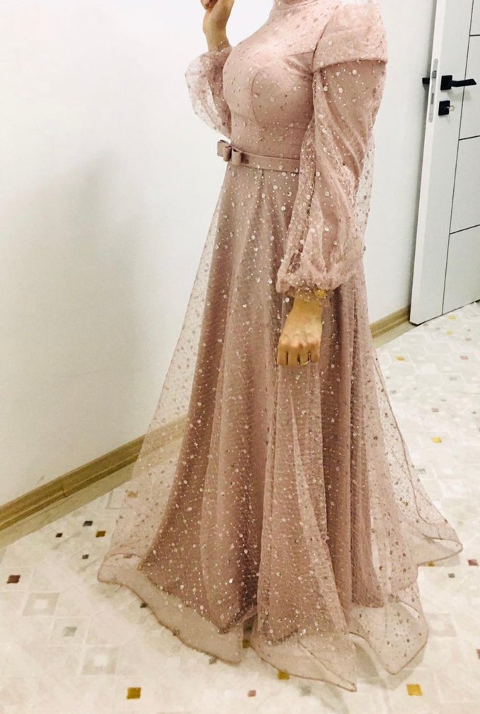 Uzun Kollu İşlemeli Abiye Elbise - Görsel 2