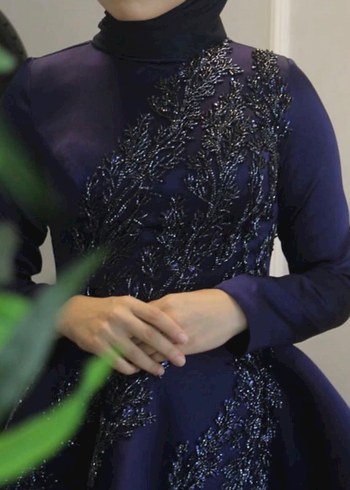 Uzun Kollu Lacivert Abiye Elbise - Görsel 4