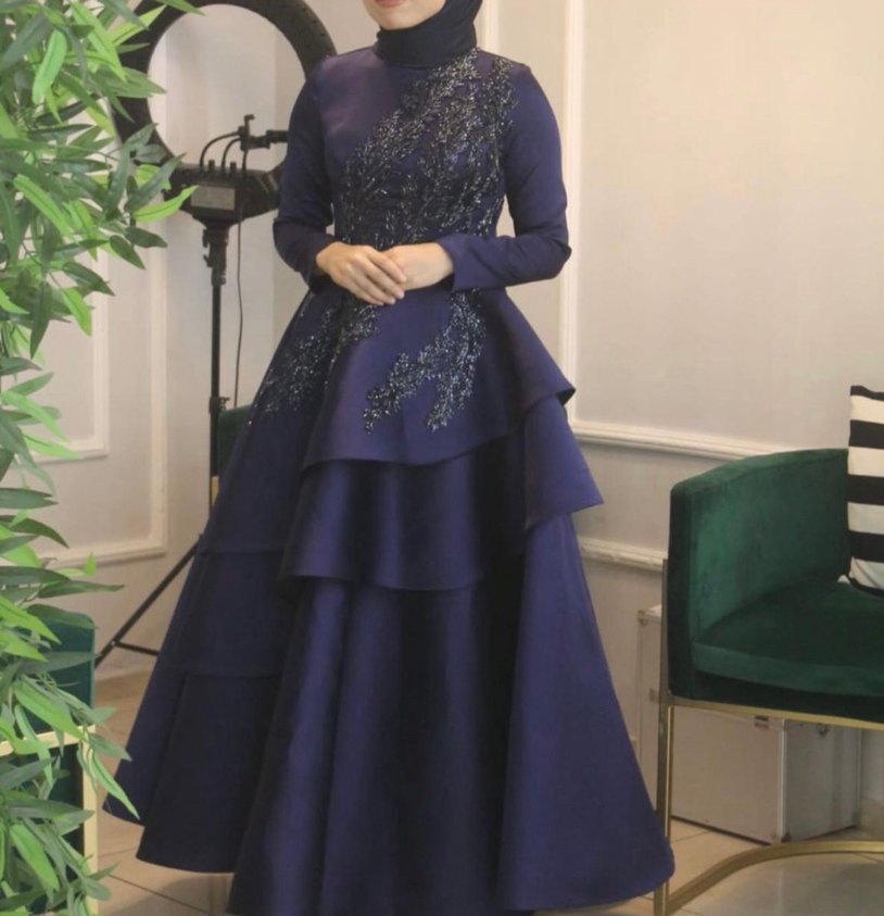 Uzun Kollu Lacivert Abiye Elbise - Görsel 3