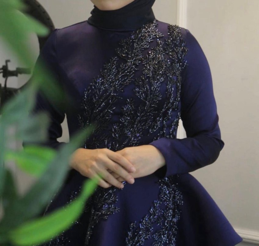 Uzun Kollu Lacivert Abiye Elbise - Görsel 4