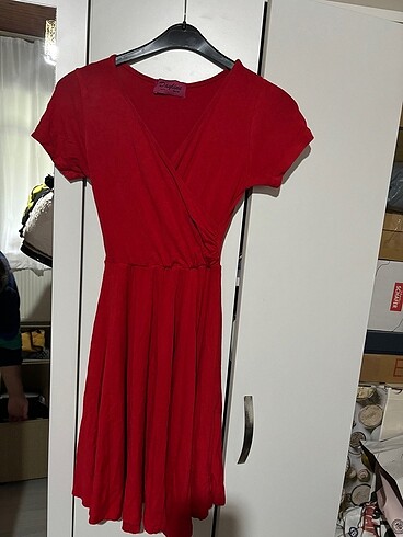 M Beden (38) Kruvaze Yaka Kırmızı Penye Elbise