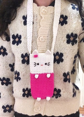 Hello Kitty Telefon Çantası Cırt Cırtlı Örgü Kedi Aksesuar - Görsel 2