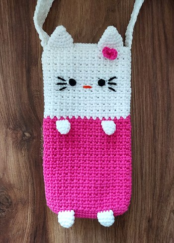 Hello Kitty Telefon Çantası Cırt Cırtlı Örgü Kedi Aksesuar - Görsel 5