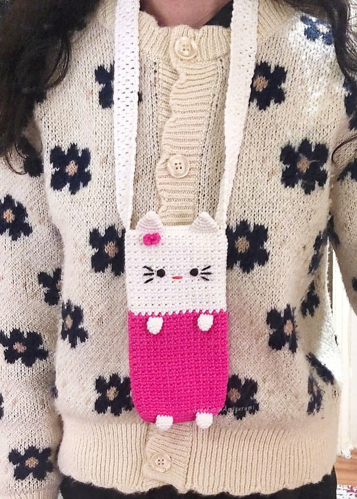 Hello Kitty Telefon Çantası Cırt Cırtlı Örgü Kedi Aksesuar - Görsel 2