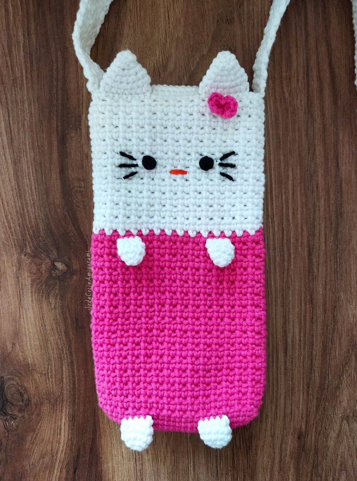 Hello Kitty Telefon Çantası Cırt Cırtlı Örgü Kedi Aksesuar - Görsel 5
