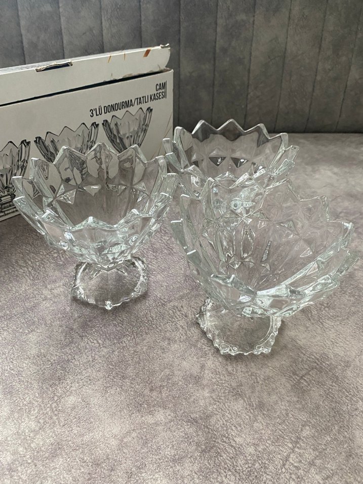 Gri Kristal Ayaklı Cam Kase 3'lü Set dondurma tatlı kasesi - Görsel 2