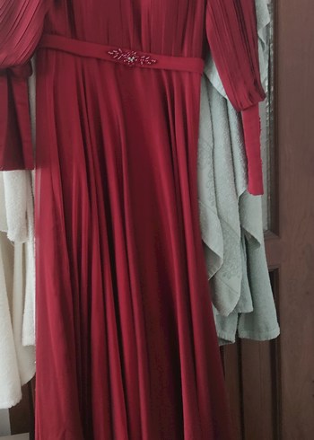 Bordo Uzun Kollu Drapeli Abiye Elbise - Görsel 4