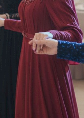 Bordo Uzun Kollu Drapeli Abiye Elbise - Görsel 2