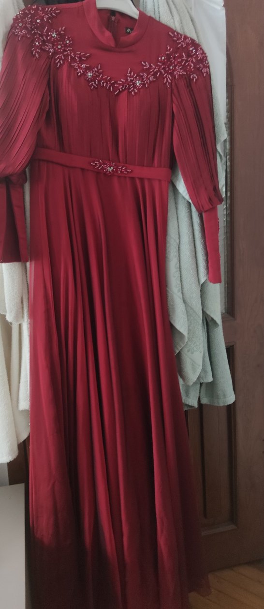 Bordo Uzun Kollu Drapeli Abiye Elbise - Görsel 4