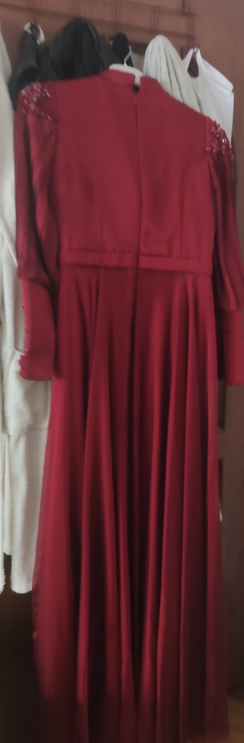 Bordo Uzun Kollu Drapeli Abiye Elbise - Görsel 3