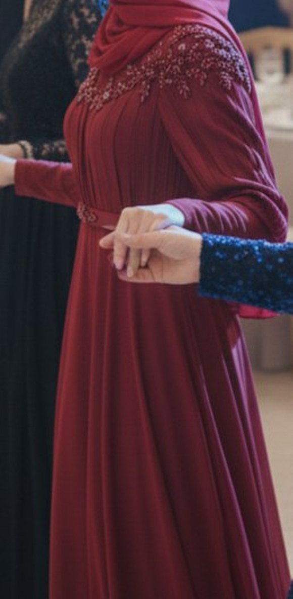 Bordo Uzun Kollu Drapeli Abiye Elbise - Görsel 2