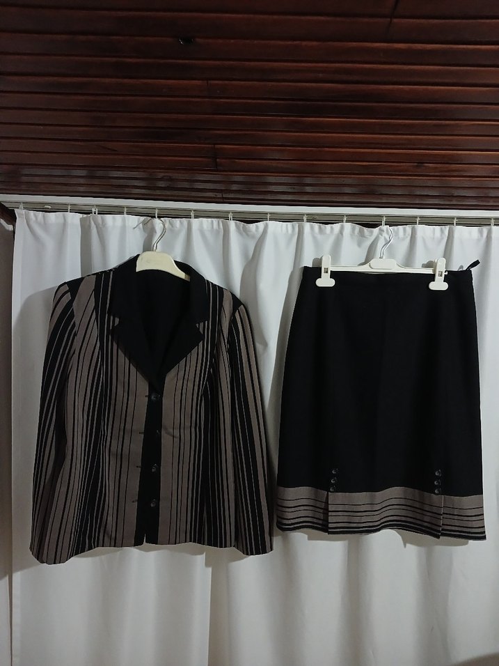 Düğmeli Çizgili Bej Gri Kadın Uzun Takım - Görsel 2